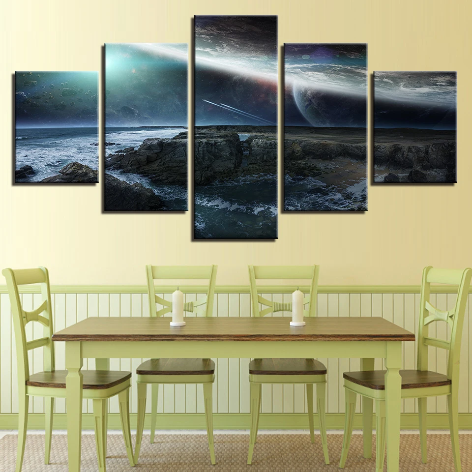 

Printing Abstract Poster Modular Canvas Picture 5 Pieces Reef Stone Sea Water And Planet Night View Painting Art Room Wall Decor