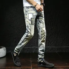 Джинсы мужские эластичные облегающие джинсовые прямые брюки с заплатками мужские весенние модные обтягивающие тонкие уличные байкерские джинсы больших размеров