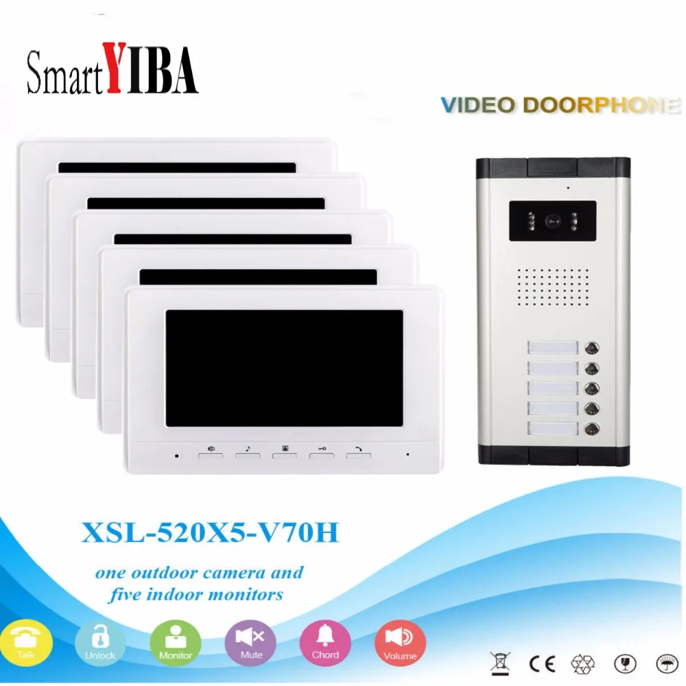 SmartYIBA New 7\ Color Video Intercom Door Phone System 5 White Screens 1 Doorbell Camera for 5 House In Stock