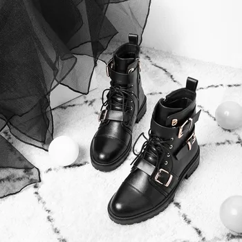 

GPOKHDS 2020 women ankle boots soft cow leather buckle strap round toe winter short plush low heel female riding boots