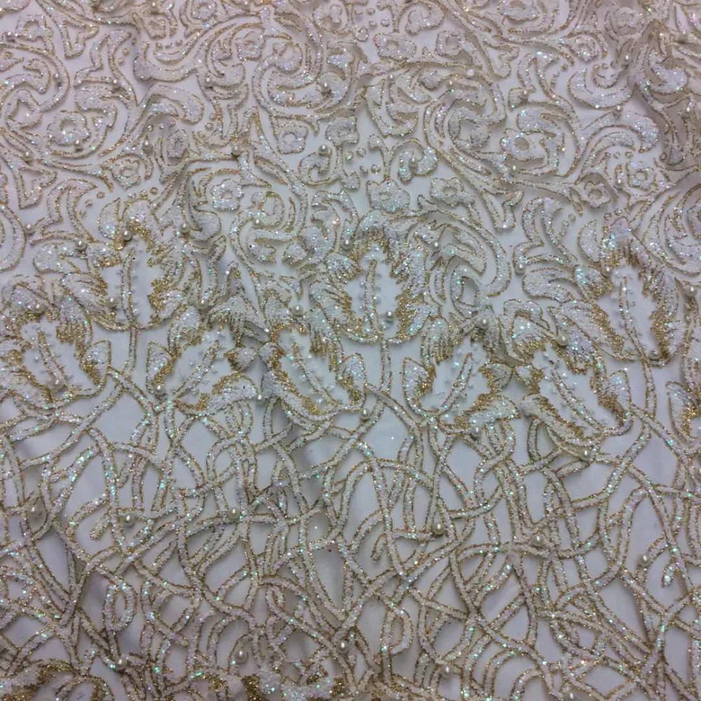 

ap228 # 5 yards cream ivory pearls circle print glued glitter tulle mesh sugar bridal lace fabric for sawing dress