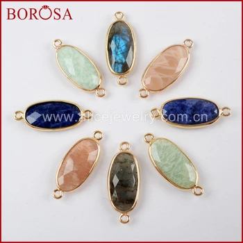 

BOROSA 10PCS CZ Micro Pave Oval Natural Gems Multi-kind Faceted Stones Drusy Amazonite Gold Plated Connectors for Bracelets