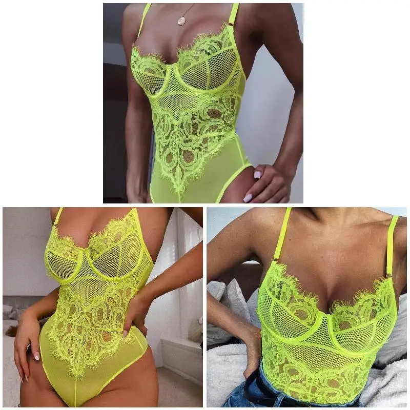 

20019 Hot Droppshiping Summer Lace Bodysuit Women Floral Embroidery Bow Tie Transparent Bodysuit Tight Pajamas BFJ55
