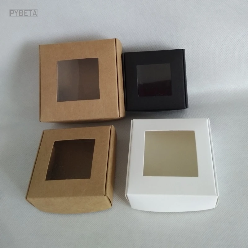 

50pcs folding black kraft paper box blank with pvc window gift packaging supplies party cake baking candy box