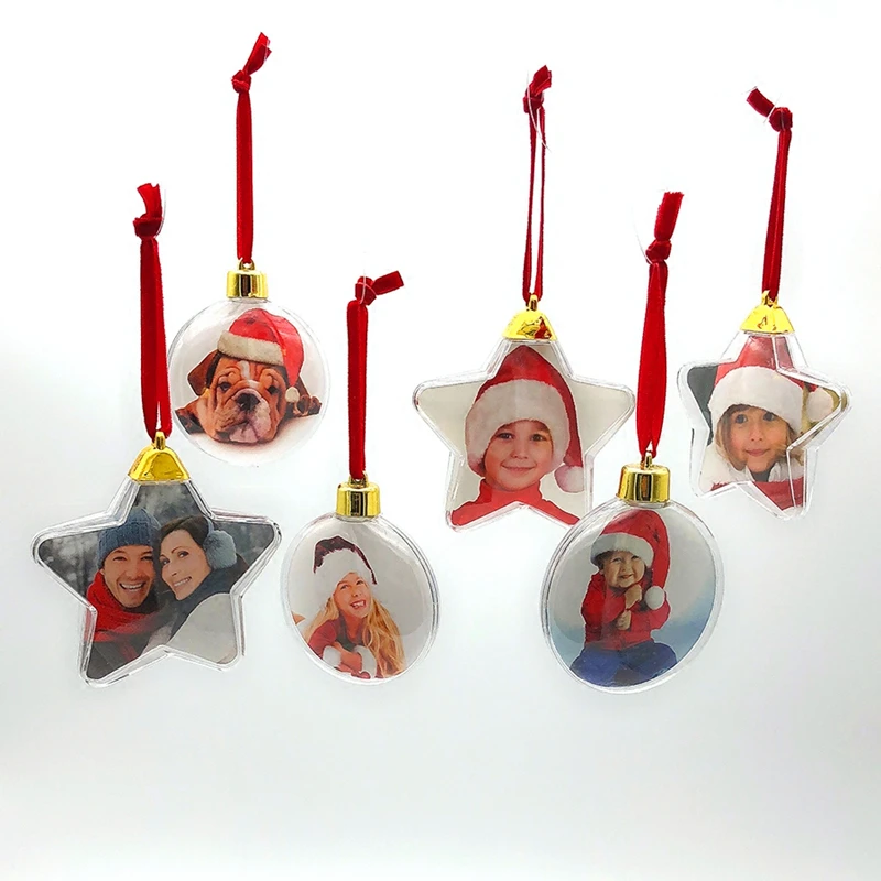 

1PC Golden powder plastic photo Pentagram round ball Christmas Tree decoration Hanging ornament DIY party production accessories