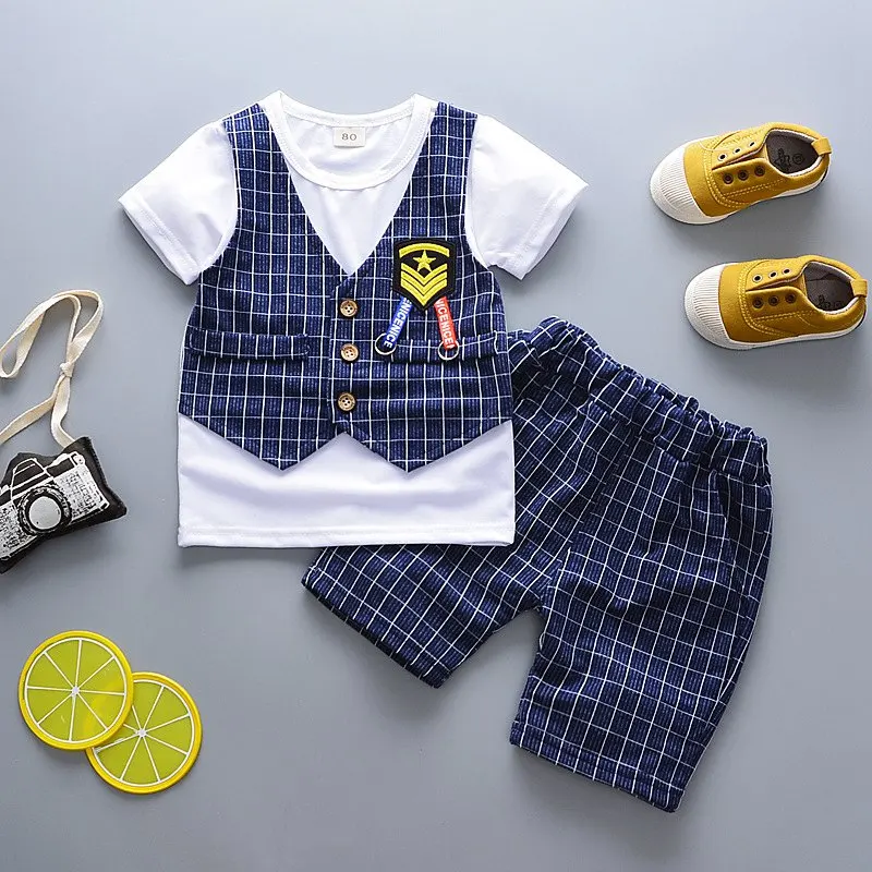 

Baby Boy Clothes 2019 Summer Korean Casual Plaid T-Shirt Shirt + Pants 2PCS Bebes Jogging Suits Tracksuits Kids Clothes Sets