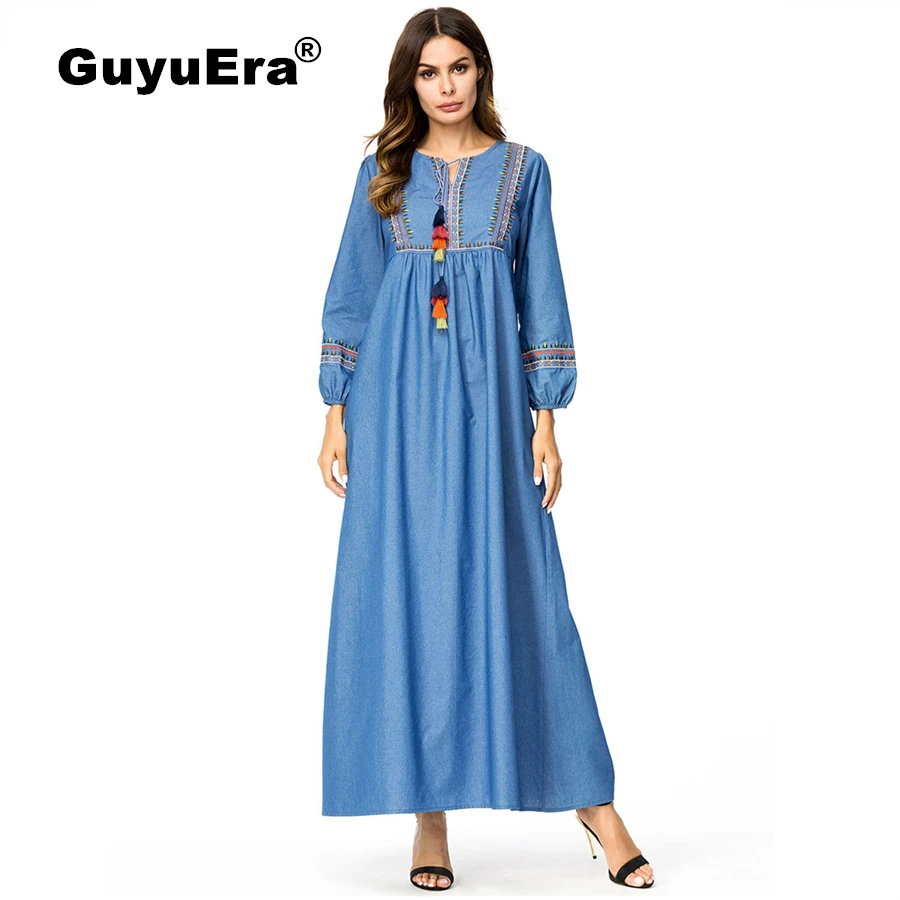 

GuyuEra 2018 New Fashion Abaya Dubai Muslim Woman Dress Denim Fabric Embroidered Decorative Long Sleeve Woman Dress M-4XL