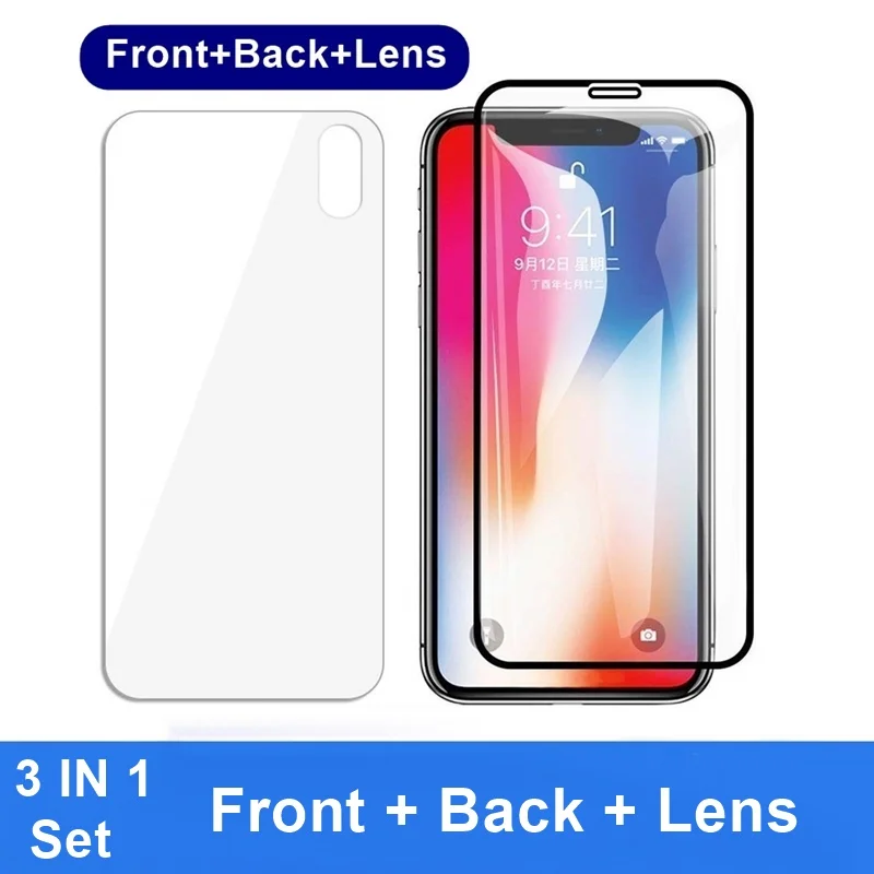 

0.3MM 9H 5D Full Curved Front Screen Protector Film + Camera Len + Back Glass Film On The Back For iPhone XS MAX XR X 10 8 7 6P