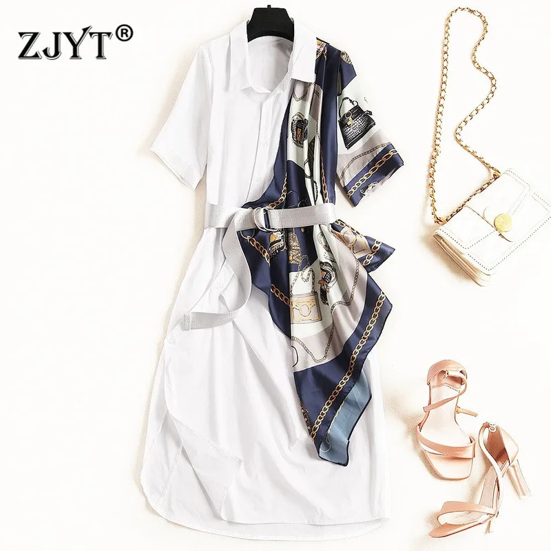 

New Fashion Designer Summer Dress Women 2019 Elegant Turn Down Collar Chains Print Patchwork Casual Loose Shirt Dress with belt