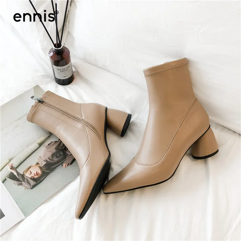 ENNIS Fashion Stretch Ankle Boots Women High Heel Boots Genuine Leather Boots Pointed Toe Shoes Autumn Winter Black A985