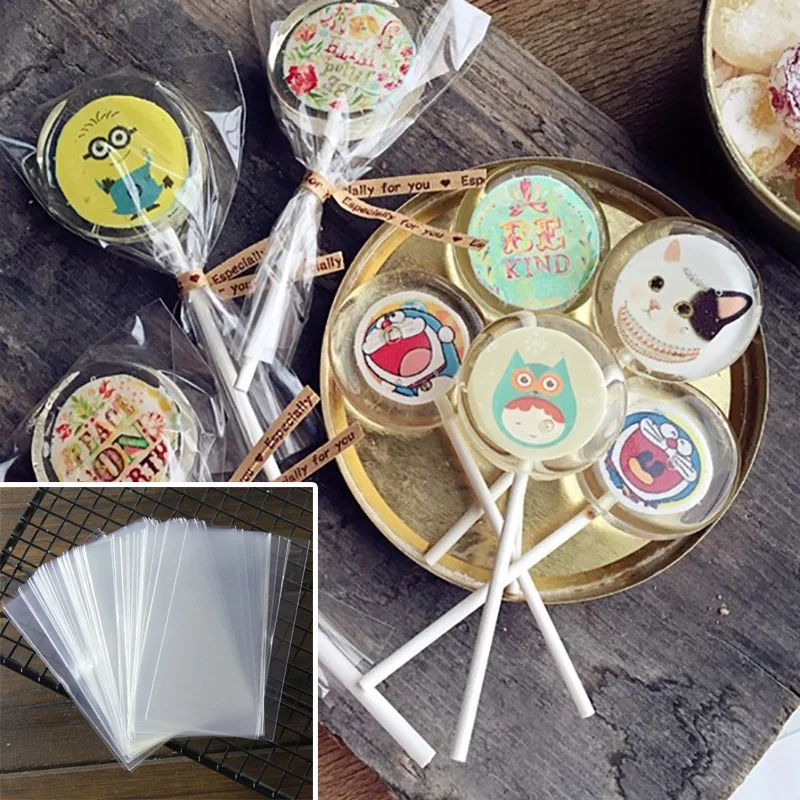 

100 pcs Lollipop Cake Chocolate Biscuit Bag Flat Mouth Transparent Candy Bag Snack Food Packaging For Wedding Children Baby Born