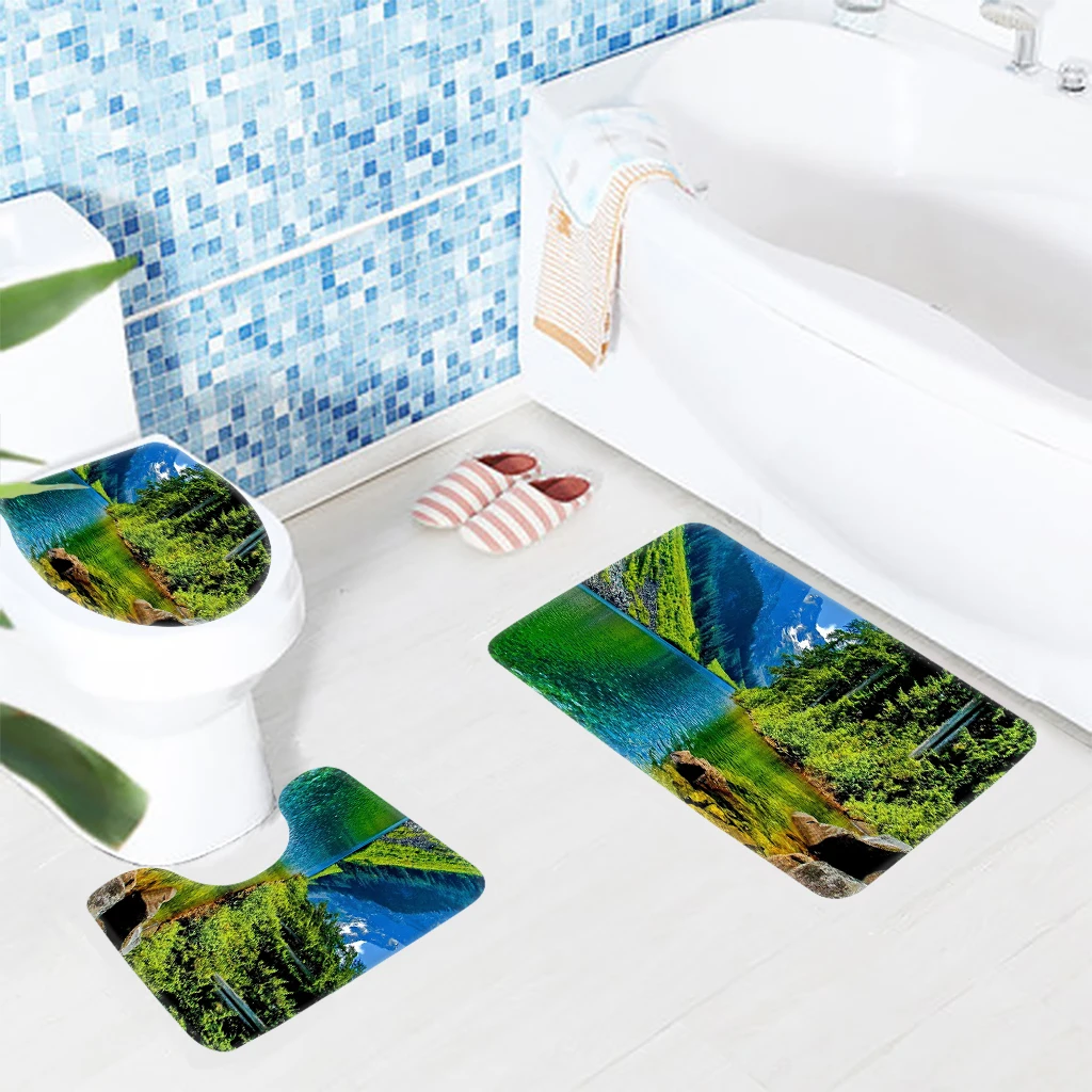3pcs Bathroom Mat Set Mountain Nature Lake Tree Pattern Bath Mat Foam