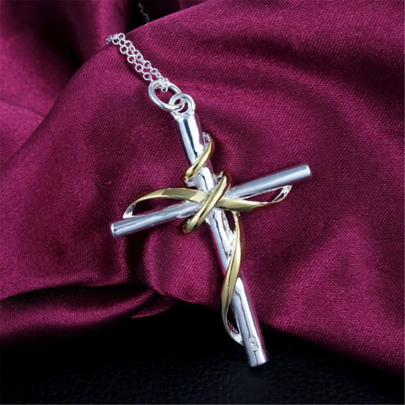 Color Twisted Cross Pendant Necklace Plated Chain Charm 925 Sterling