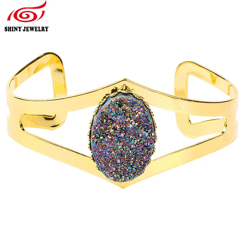 2016 Pulseiras Indianas Íris Oval Natural Geode Druzy Quartzo H Mulheres Pulseira Chapeamento de Ouro Cuff Atacado Pedra Jóias