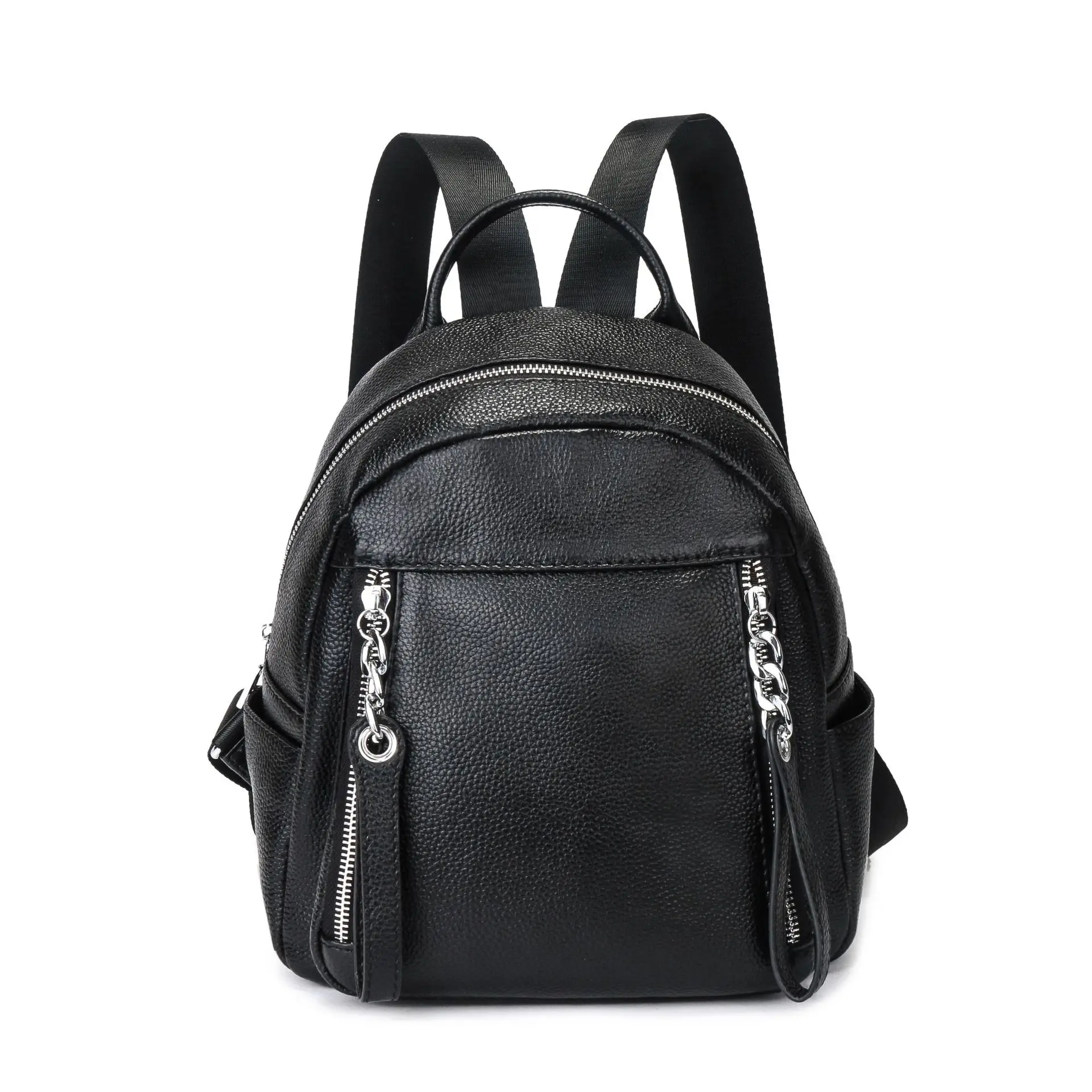 2018 Summer Double Zipper Design Women Bagpack Genuine Leather Female Backpack Black Preppy High