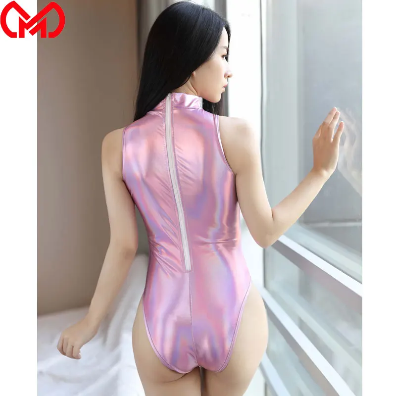 Cosplay High Neck Halter Bodysuit PU Faux Leather Shiny High Cut Swimsuit Bathing Suits Leotard Tight Shaping Wear Plus Size F29