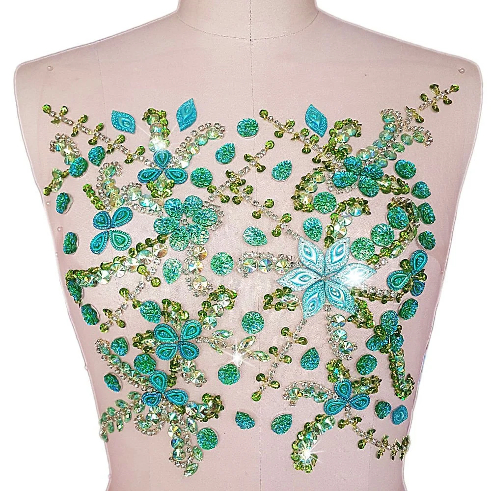 BI.Dw.M,Green AB Rhinestone Crystal Strass Sequin Beaded Trim Appliques