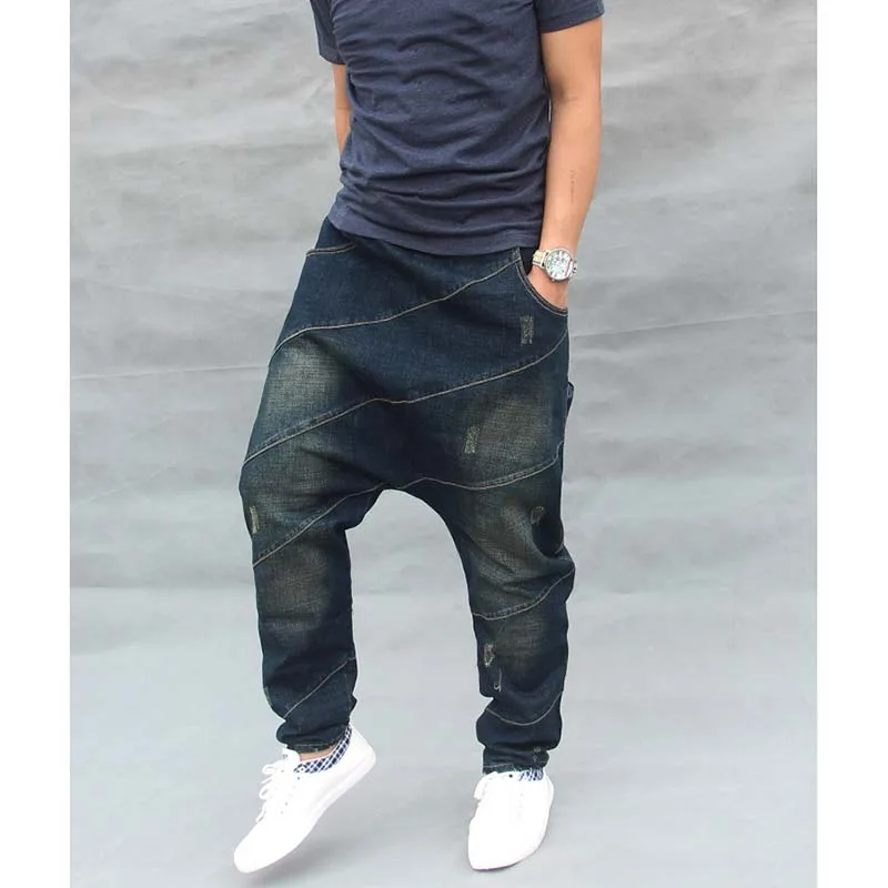Trendy Loose Baggy Jeans Men's Casual Denim Pants Hip Hop Harem Jeans Elastic Waist With Drawstring Male Trousers Blue Plus Size