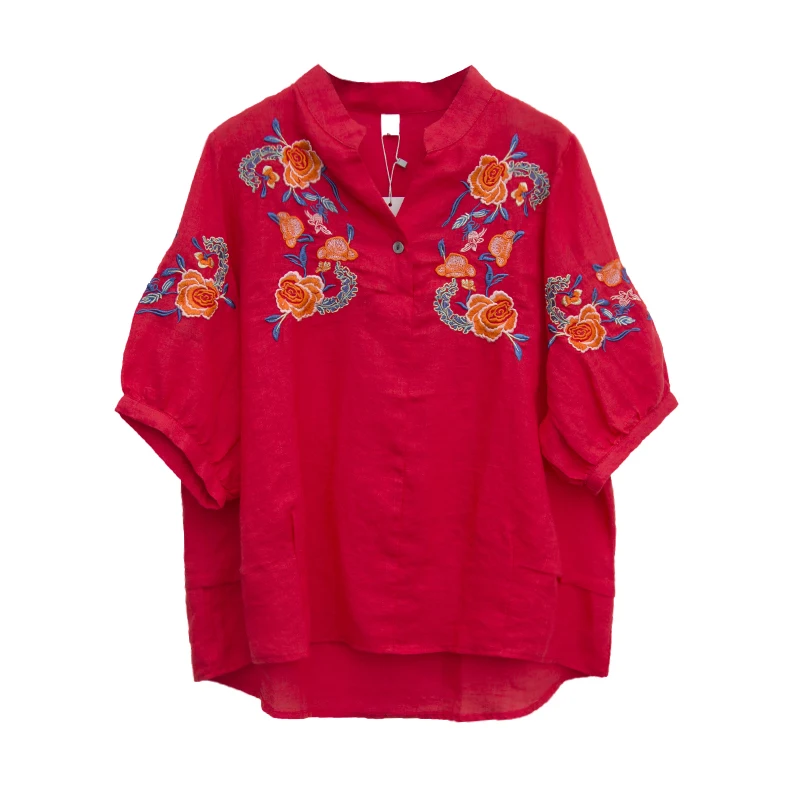 

Ethnic Embroidery Blouse Women Loose Plus size Summer Tops Batwing sleeve V neck Ladies High quality 100% Cotton Tees