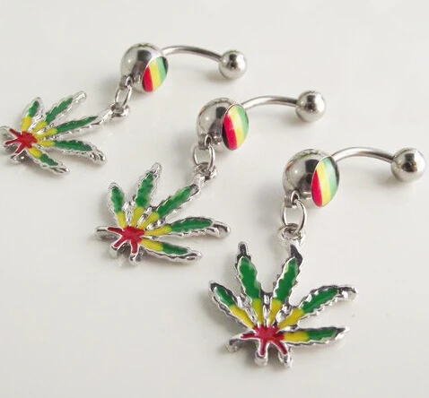 

10pcs/lot Free Shipping Plant Maple Leaf Belly Ring Clear CZ Gem Green Weed Plant Button Navel Body Piercing jewelry