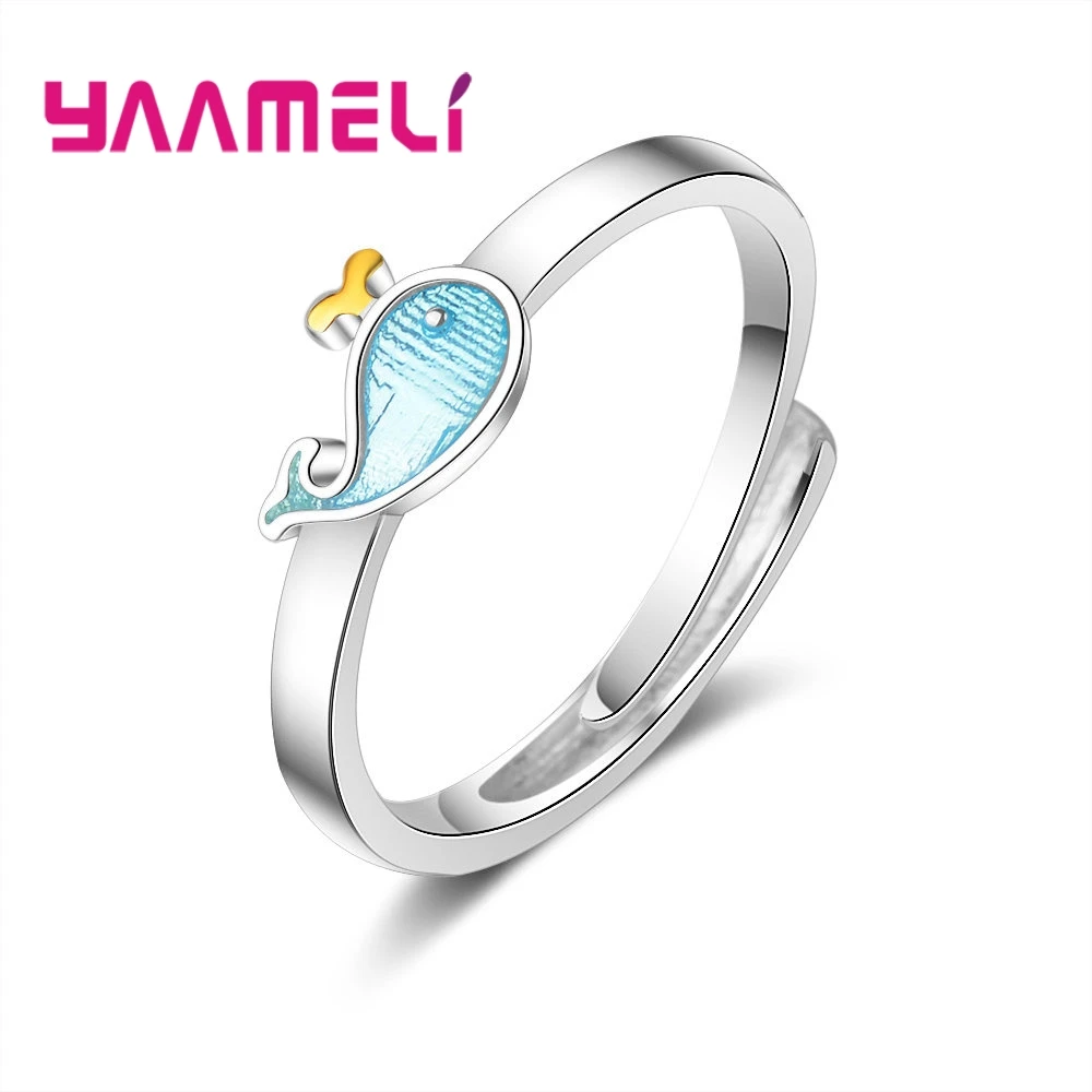 

New Fashion Rings for Women Fine 925 Sterling Silver Blue Enamel Little Whale Charms Jewelry Adjustable Size Rings Anel