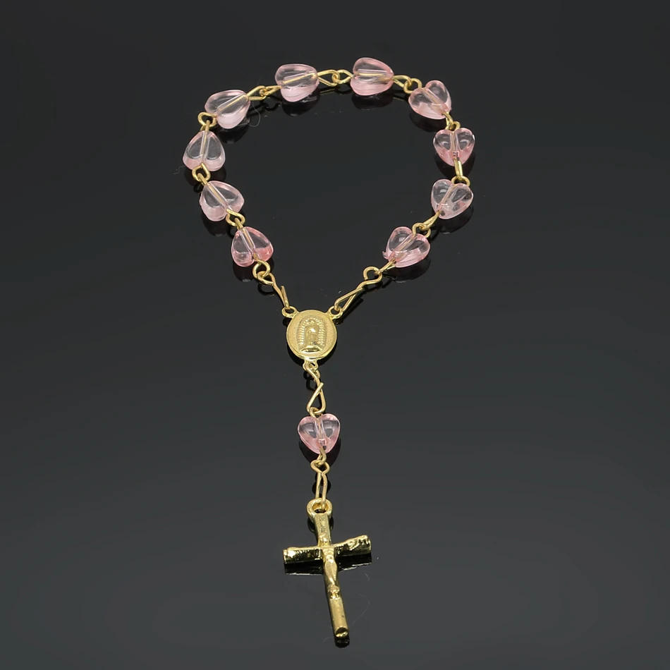 

24PCS Heart Beads Children's Strand Bracelet Religious Rosary Kids Bracelets With Jesus Cross Link Chain Pink Color