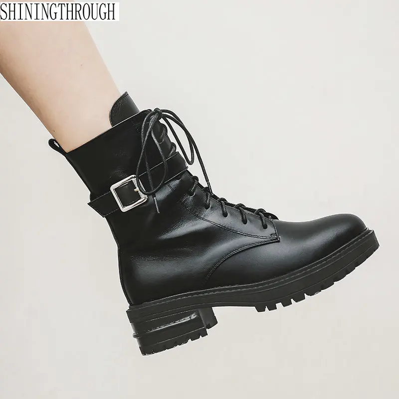 

Women ankle motorcycle boots thick high heels platform lace up ladies shoes woman Suede leather autumn winter boots black gray