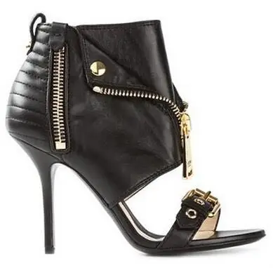 

The Latest Metal Zipper Embellished Woman Summer Sandals Peep Toe Stiletto High Heels Dress Party Shoes Woman Side Zipper Shoes
