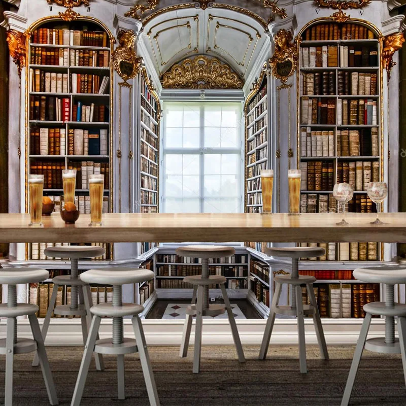 cheap 3D retro Wallcoverings, bookshelf palace murals for the living room sofa study background wall home decoration paper