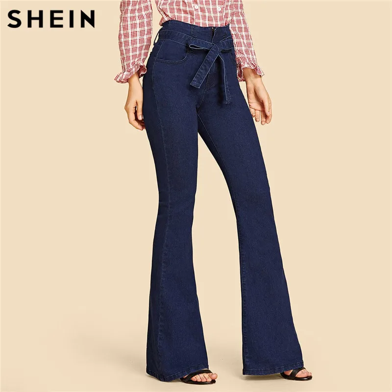 Billige SHEIN Navy Hohe Taille Vintage Lange Flare Bein Belted Jeans Frauen Krawatte Taille Zipper Fly Retro Stretchy Schwarz Denim Hosen 4 farben