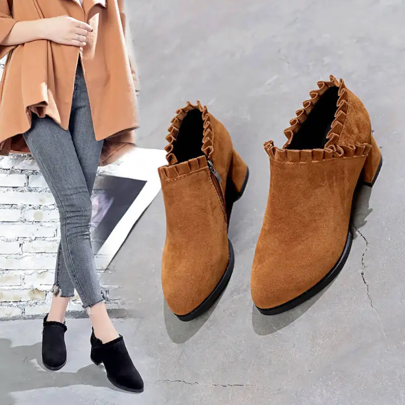 

Women Ruffles Ankle Boots Size 35-40 British Style Retro Ladies ZIpper Flock Mid Heels Shoes Women's Shoes Autumn and Winter