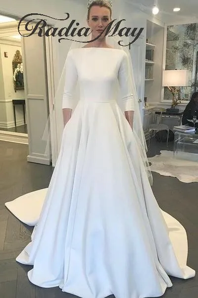 

2019 Boat Neck 3/4 Long Sleeves Satin Wedding Dress with Pockets Vestido de noiva simples Plus Size Garden Country Wedding Gowns