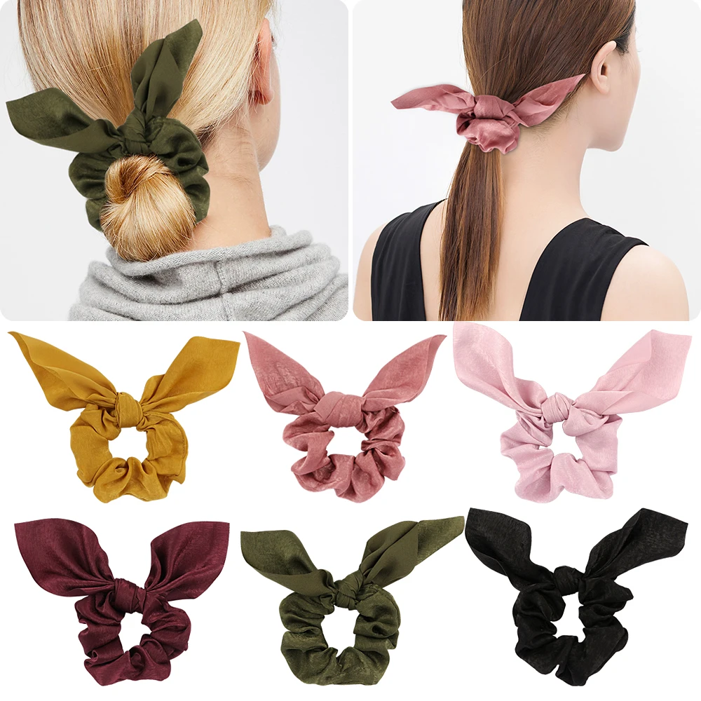 

6PCS Rabbit Ear Hair Scrunchies Solid Color Hair Band Satin Fabric Ribbon Hair Ties Sweet Hair Holder For Girls