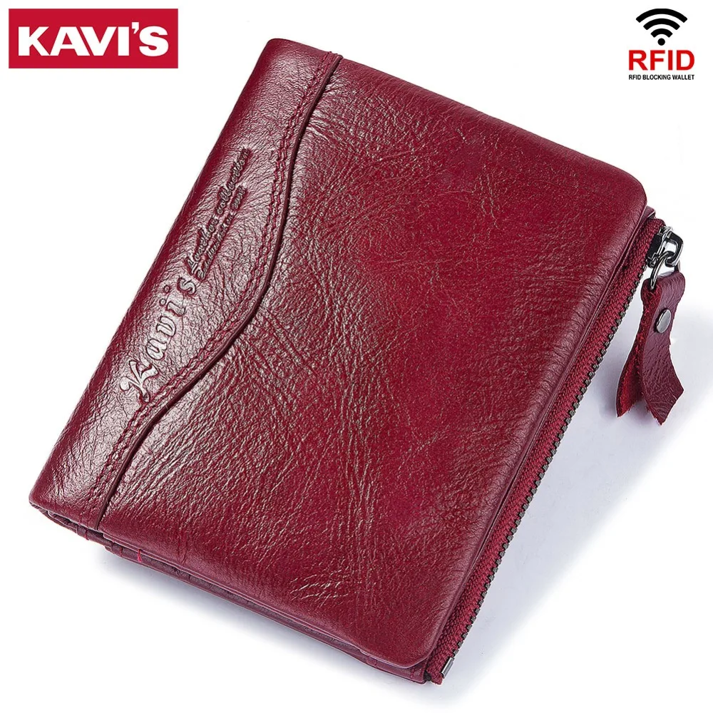 Prix KAVIS 100% en cuir véritable femmes portefeuille femme et sacs à main petit Walet Portomonee argent sac porte carte à glissière pour les filles dame