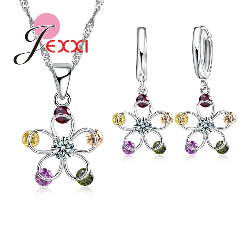 

JEXXI Simple Geometric Five Star Cubic Zircon Crystal Bridal Wedding Jewelry Set For Women Statement Necklaces Earring Bijoux
