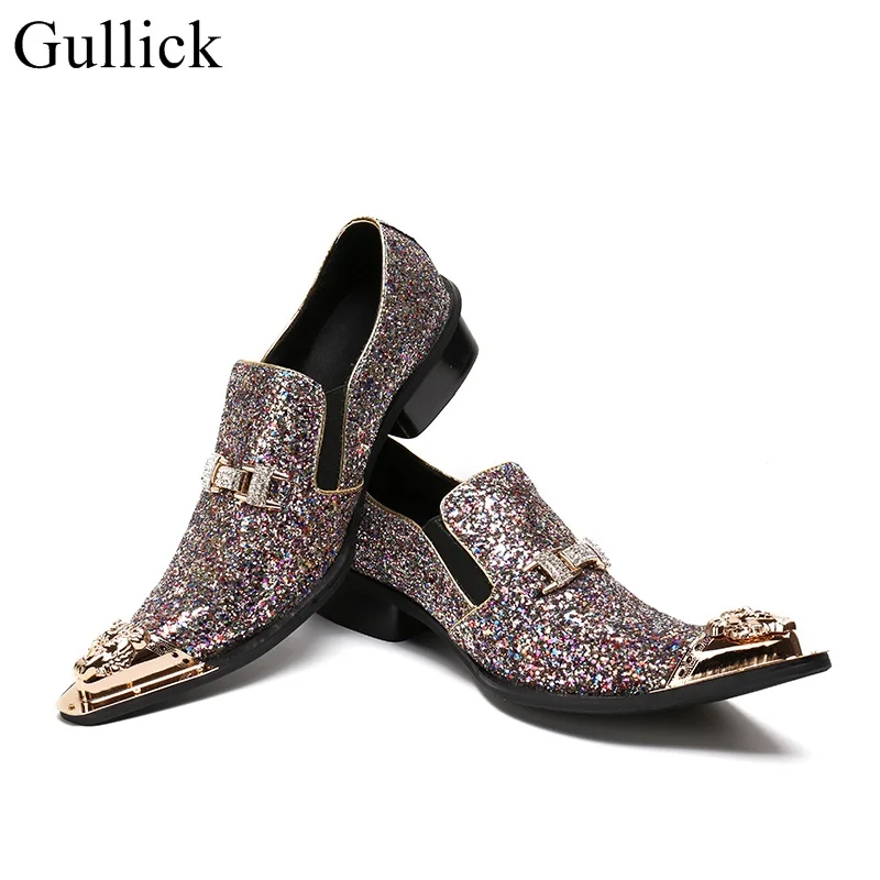 

Handmade Shinny Glitter Men Wedding Shoes Fashion Loafers Luxury Gold Metal Toe Sequin Party Men Shoes Men's Flats Size 46