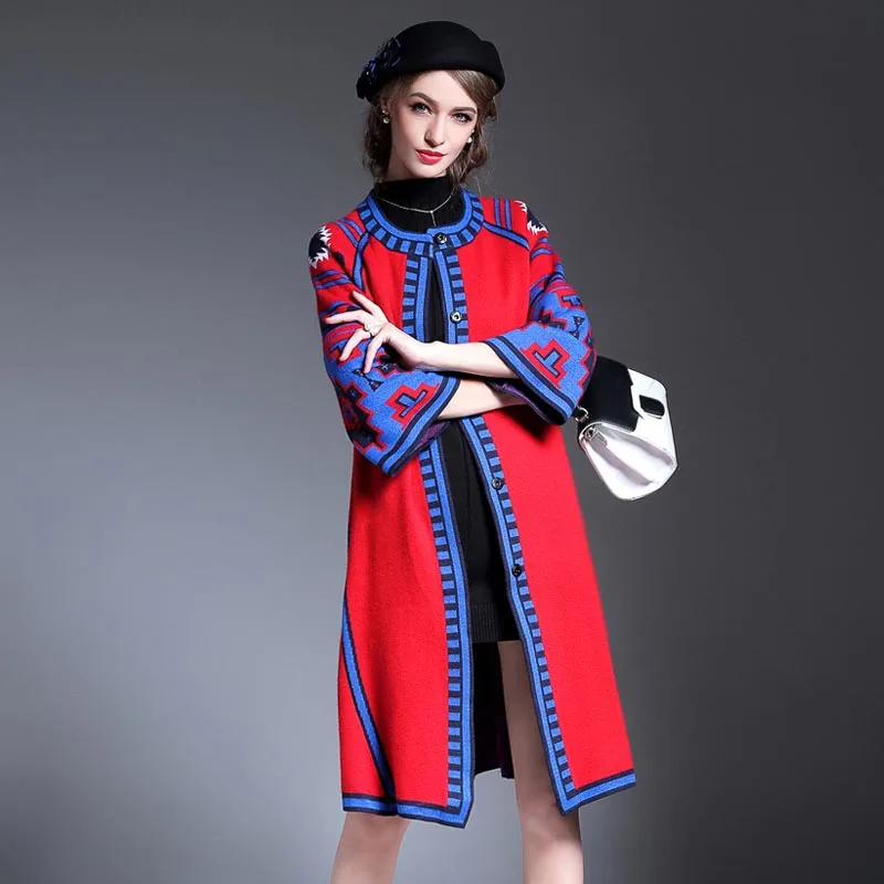 Chinese Style New Women Fashion Knitted Cardigans Extra Long Autumn Winter Women Jackets Print Loose Outwears AO124