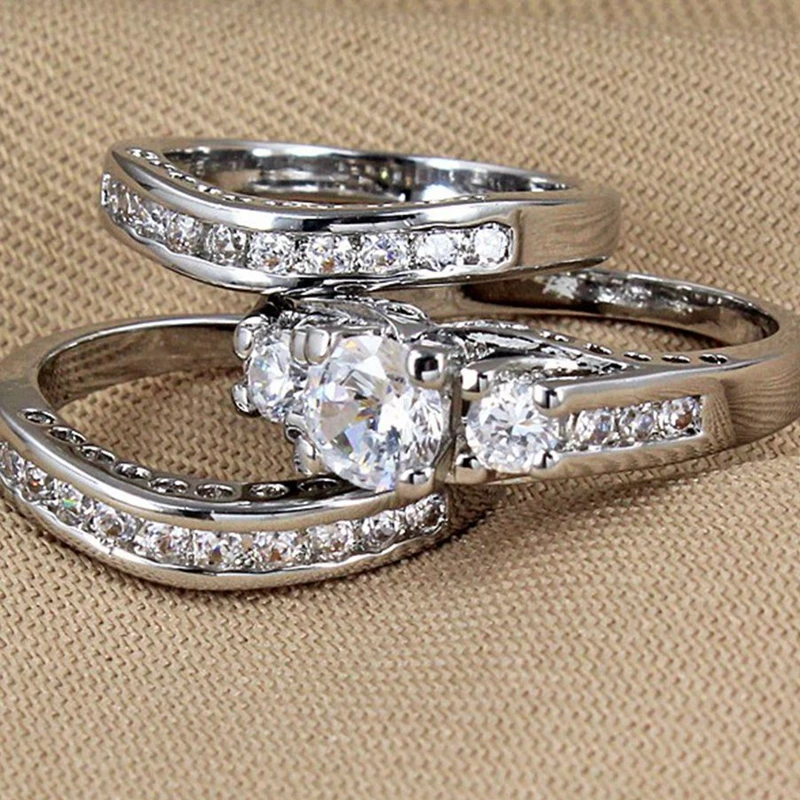 Size 4-12 White Gold Rhodium Plated Engagement Wedding Three-in-One Ring Pair Set Cocktail Party Mother's Day Gifts Daughter