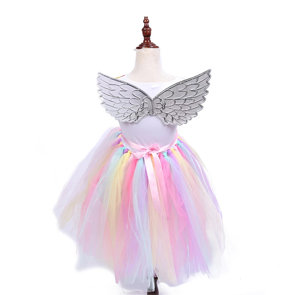 Платье с единорогом для девочек; Детские вечерние радужные платья-пачки с рукавами-крылышками для танцев; Детский карнавальный костюм из тюля на Рождество