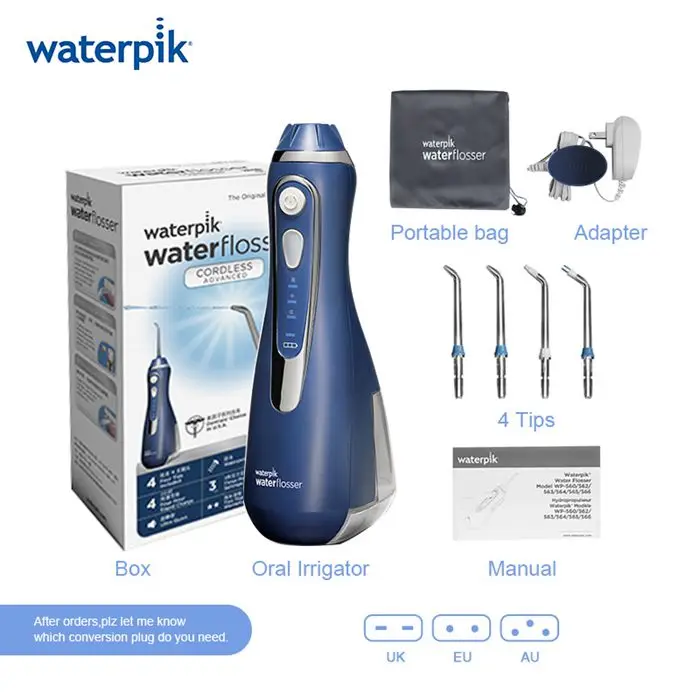 Waterpik WP-560 Белый беспроводной Расширенный водный Флоссер перезаряжаемый 4 часа Быстрая зарядка портативный IPX7 ирригатор для полости рта для путешествий - Цвет: Синий