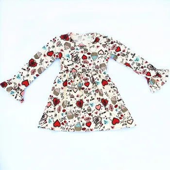 2019 Valentine's Day Baby Girls Dress Kids Clothes Boutique 100% Cotton Red Heart  Ruffle Dress Long Sleeve High Quality 1