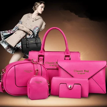 

6 Pcs / Set Fashion Women Composite Bags PU Leather Solid Women Handbag Messenger Shoulder Bag Wallets Purse Key Bag Sets