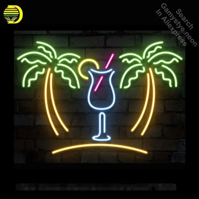 Неоновая вывеска пальмовое дерево с чашкой неоновая лампочка вывеска напиток ручной работы пивная вывеска для украшения окон неоновый светильник для рекламы художественная лампа