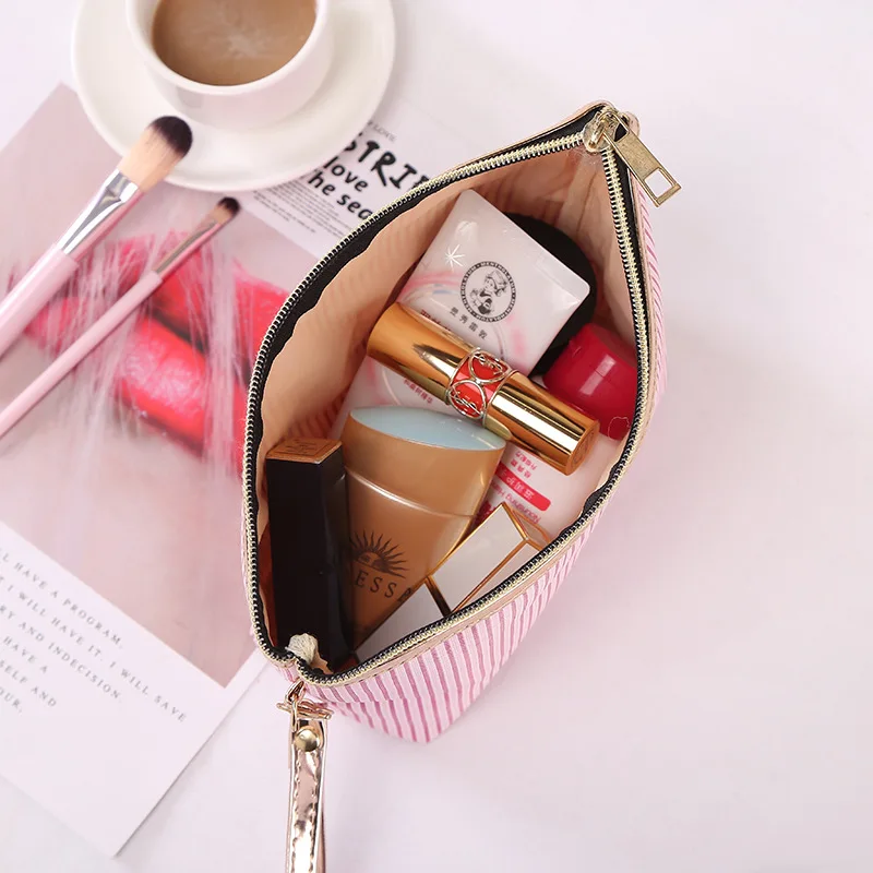 Women's Semi-PU Stripe Cosmetic Bag Portable Handmade Compact Makeup Travel Wash Bag