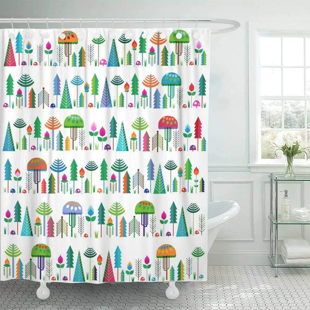 Fabric Shower Curtain With Hooks Autumn Colorful Whimsy Trees