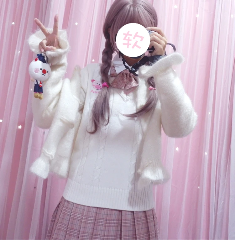 Kawaii милый свитер с вышивкой в виде поросенка, Японский Корейский консервативный стиль, школьная форма JK, Женский вязаный свитер с v-образным вырезом и длинным рукавом