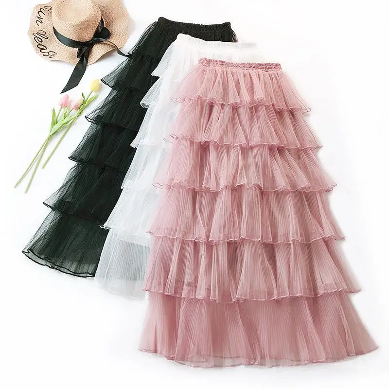 Новое поступление, летние сетчатые женские длинные юбки, Тонкая Повседневная однотонная белая эластичная талия, базовая элегантная юбка черного цвета - Цвет: pink