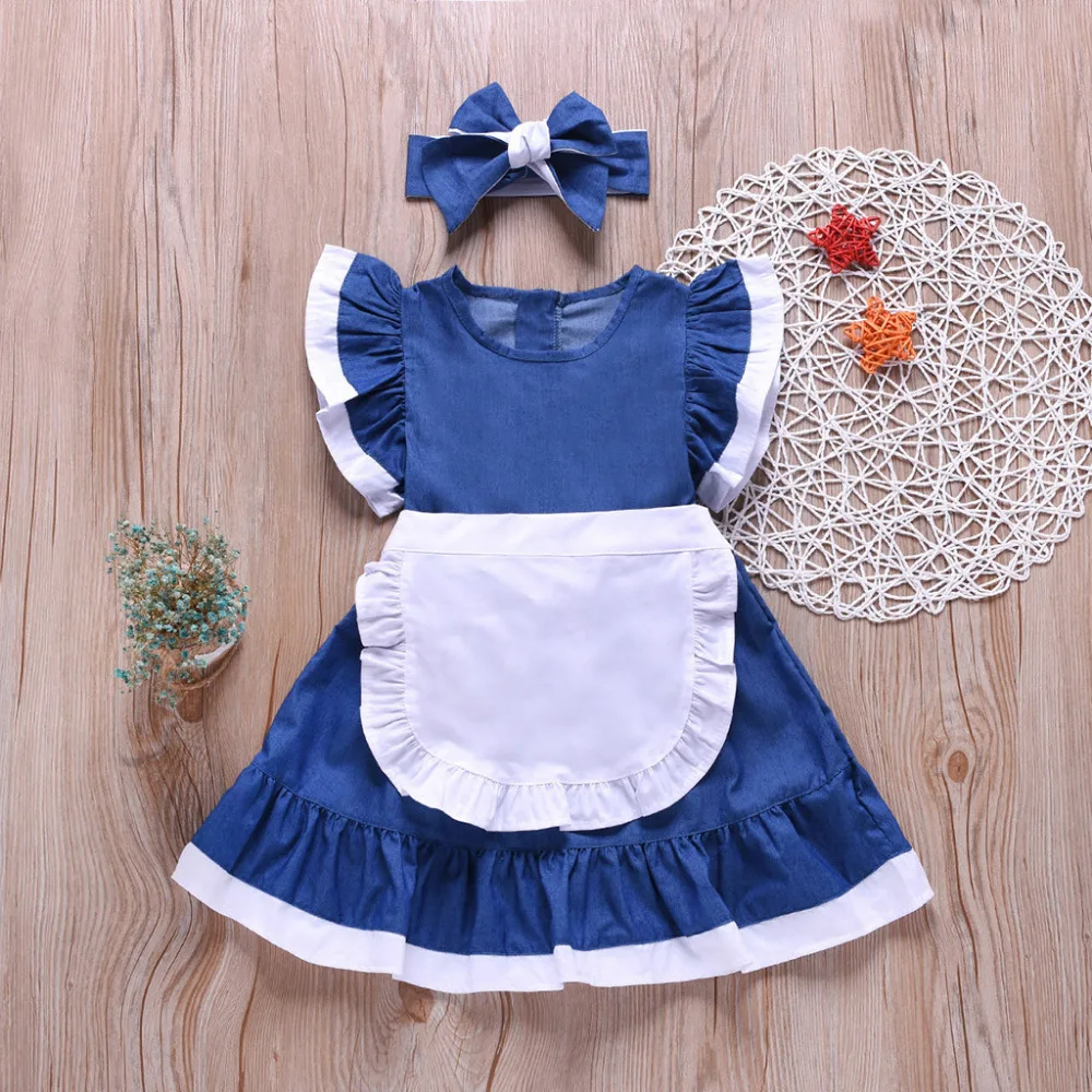 

flare sleeve girls dress draped knee-length solid blue o-neck back zipper with white lacing apron toddler kid baby girl