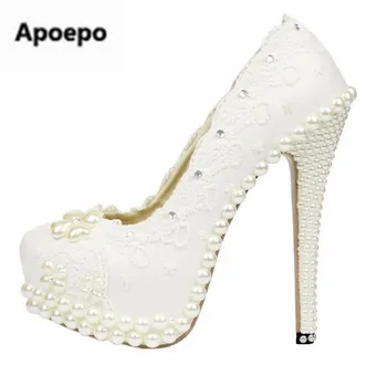 

Newest brand handwork design winter white Wedding bride shoes crystal lace platform high heels pumps Bridesmaids shoes 2018