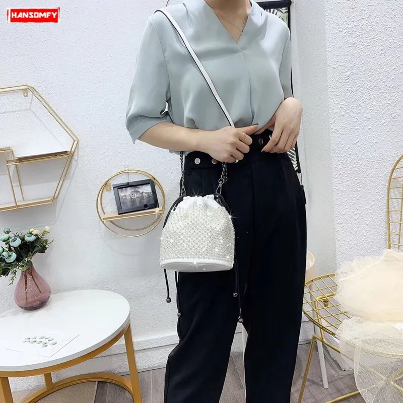 

2019 Fashion Women's bucket bag female crossbody bag chain rhinestone bags shoulder slung diamonds evening party bags